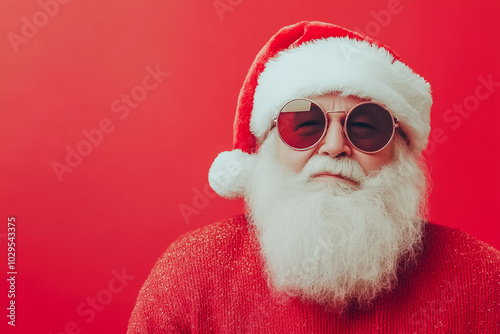 A jolly Santa Claus sports stylish sunglasses and a soft red sweater, embodying a playful holiday spirit against a bright red backdrop, evoking warmth and cheer