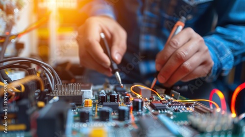 Hands Working on Electronic Circuit Board with Tools