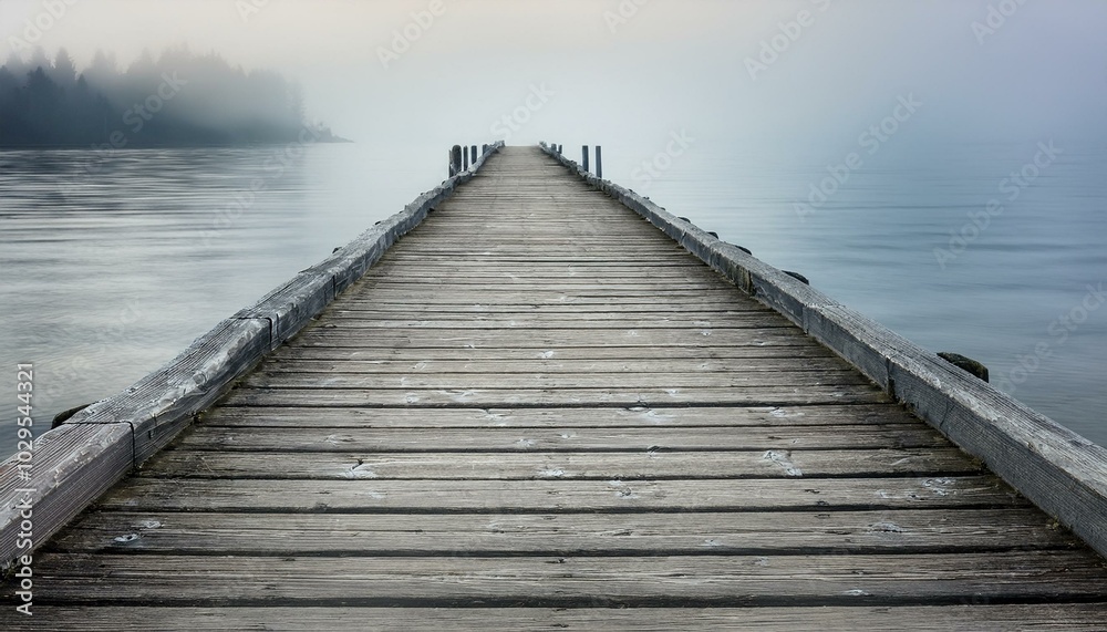 Fototapeta premium The view down the length of a weathered pier, its uneven planks creating natural texture, wi