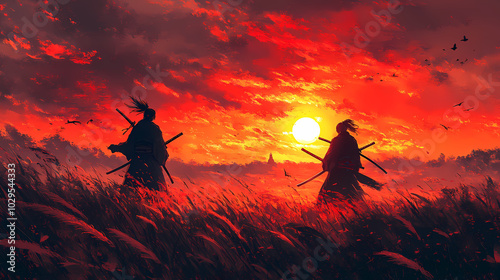 Epic Samurai Duel at Sunset Anime Illustration