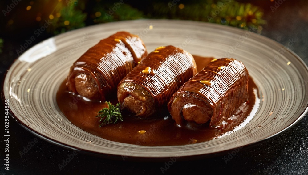 Three traditional German roulades neatly arranged on a plate, their rich brown sauce glisten Three traditional German roulades neatly arranged on a plate, their rich brown sauce glisten