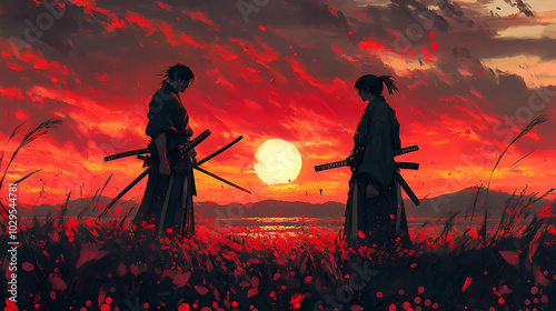 Epic Samurai Duel at Sunset Anime Illustration