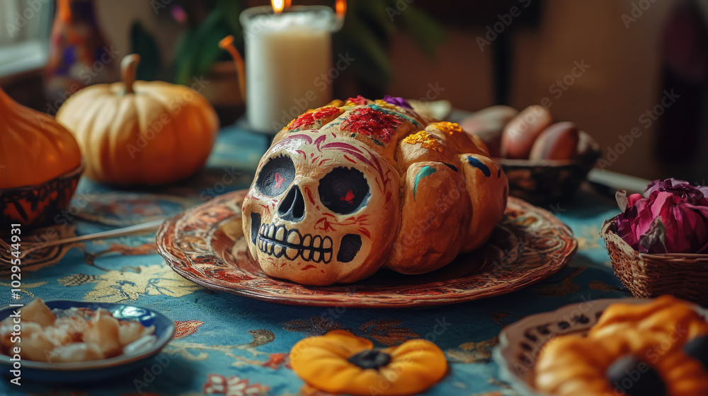 Traditional Mexican pan de muerto on table, bread of the dead, day of the dead, national dish, skull, skeleton, death, mexico, lunch, cuisine, restaurant, food, ritual, halloween Traditional Mexican pan de muerto on table, bread of the dead, day of the dead, national dish, skull, skeleton, death, mexico, lunch, cuisine, restaurant, food, ritual, halloween