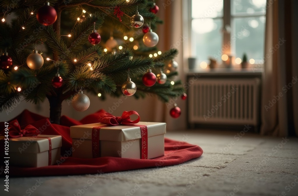 New Year gifts lie on the floor under the Christmas tree, boxes wrapped in paper and ribbons, free space for text New Year gifts lie on the floor under the Christmas tree, boxes wrapped in paper and ribbons, free space for text