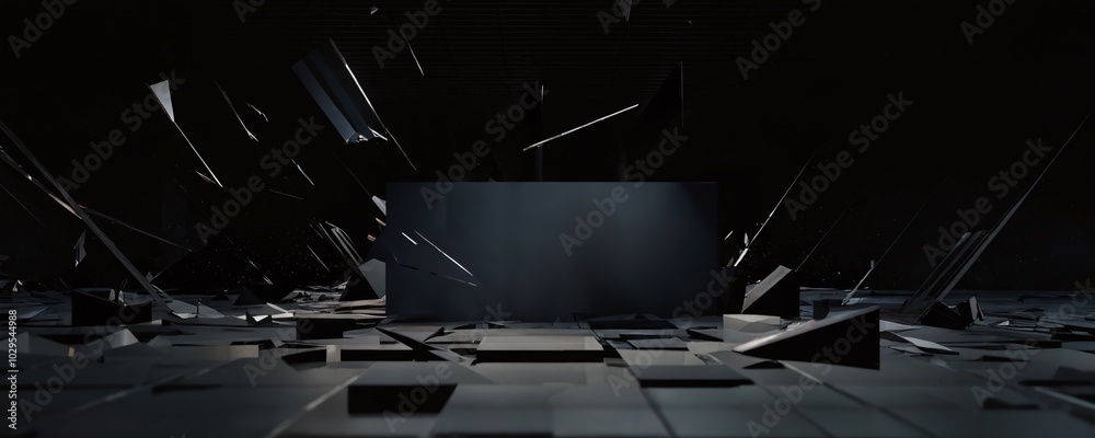 Dynamic abstract composition with fragmented shapes in a dark setting creating an immersive visual experience, emphasizing depth and movement Dynamic abstract composition with fragmented shapes in a dark setting creating an immersive visual experience, emphasizing depth and movement