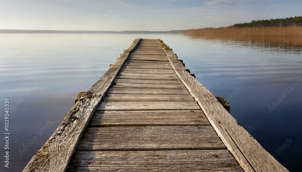Fototapeta premium Worn-out wooden pier stretching over still waters, with subtle shadows of the weathered boar 