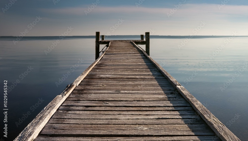 Naklejka premium Worn-out wooden pier stretching over still waters, with subtle shadows of the weathered boar