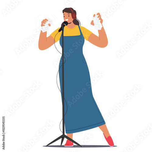 Cartoon Woman Is Standing In Front Of A Microphone With Headphones On, Holding Crumpled Paper In Both Hands