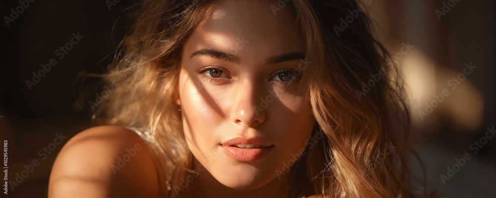 Obraz premium A young woman gazes softly into the camera, sunlight illuminating her features in a cozy indoor setting during late afternoon