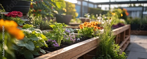 Wallpaper Mural Vibrant rooftop garden filled with blooming flowers and lush greenery during golden hour in a city setting Torontodigital.ca