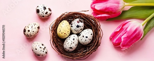 Colorful speckled eggs in a nest surrounded by pink tulips on a pastel pink background for springtime decoration