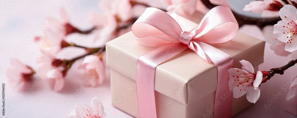 A beautifully wrapped gift box adorned with a pink ribbon rests among delicate cherry blossoms in a serene setting A beautifully wrapped gift box adorned with a pink ribbon rests among delicate cherry blossoms in a serene setting