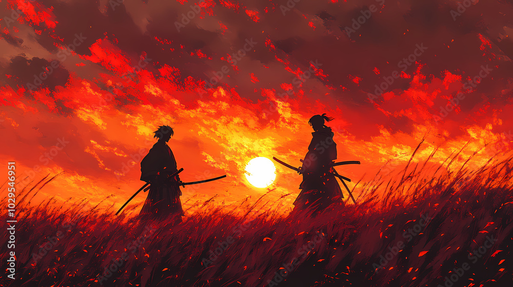 Obraz premium Epic Samurai Duel at Sunset Anime Illustration
