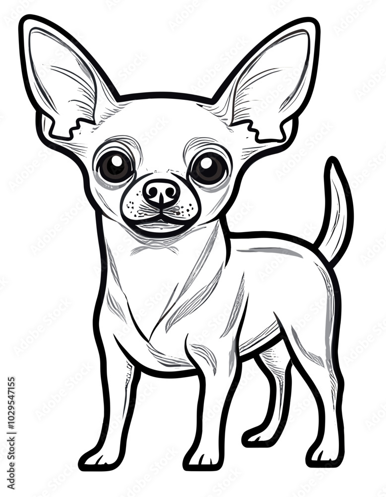 Cute black-and-white illustration of a chihuahua standing with large ears and an alert expression, featuring detailed line art perfect for dog lovers and pet-themed designs Cute black-and-white illustration of a chihuahua standing with large ears and an alert expression, featuring detailed line art perfect for dog lovers and pet-themed designs