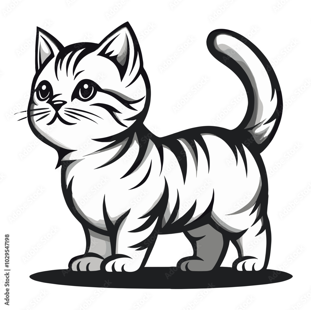 Adorable cartoon kitten illustration featuring big eyes and a playful stance, designed in a black-and-white vector style, perfect for children’s books and cute character art Adorable cartoon kitten illustration featuring big eyes and a playful stance, designed in a black-and-white vector style, perfect for children’s books and cute character art
