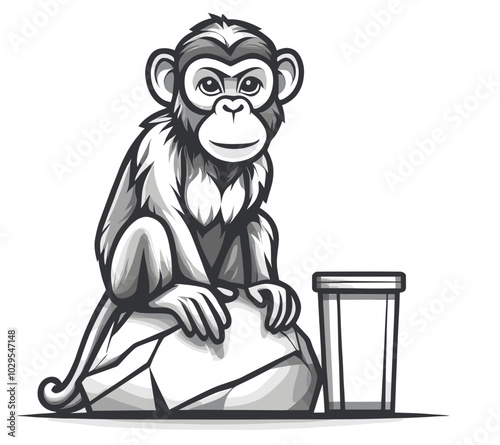 Black-and-white illustration of a thoughtful chimpanzee sitting on a rock next to a container, showcasing a detailed and scientific-themed design with a curious expression