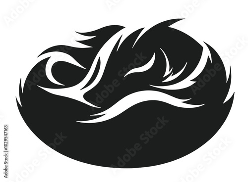 Elegant black-and-white stylized silhouette of a sleeping fox, featuring smooth, flowing lines in a minimalist design, perfect for modern art and nature-inspired projects