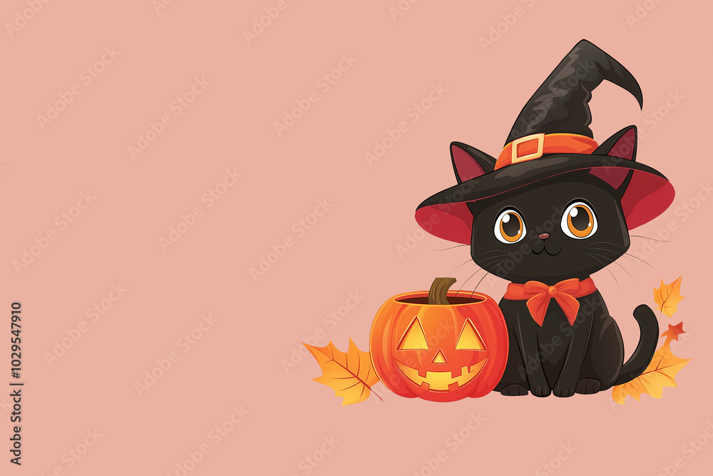 Black cat in witch hat and Halloween pumpkin on pastel background with copy space Black cat in witch hat and Halloween pumpkin on pastel background with copy space