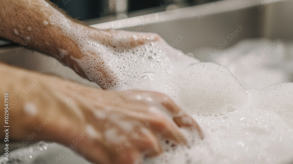 Fototapeta premium Close-up of hands scrubbing pint glasses in a soapy sink during a pub’s cleanup shift photo