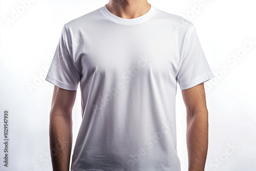 Fashionable oversized white T-shirt on a guy on a white background. Mockup close-up shot of the neck, presentation and advertising of the brand, merch and clothing stores. Showroom sale