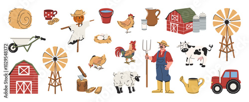 Cute farm, isolated rural set, life on a farm. Domestic animals, agricultural work, harvest. Farmer with a pitchfork, rooster, hens and eggs, farmer, tractor, scarecrow and more. Vector cartoon set