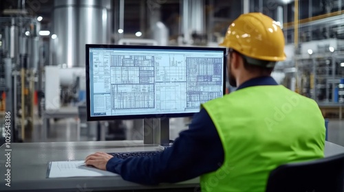 Engineering project overview: An engineer operates with advanced technical blueprints on a digital interface in a modern industrial space