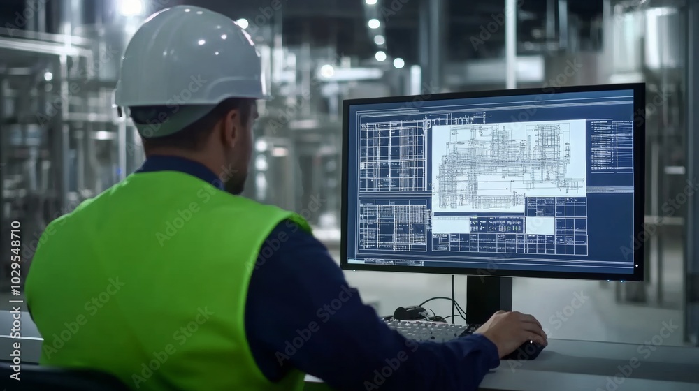 Engineering project overview: An engineer reviews complex technical drawings on a digital screen in a futuristic industrial environment Engineering project overview: An engineer reviews complex technical drawings on a digital screen in a futuristic industrial environment