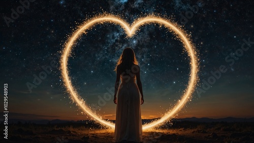 Fantasy scene with woman standing in front of heart made of fire, stars and cosmic energy, portal of shining light