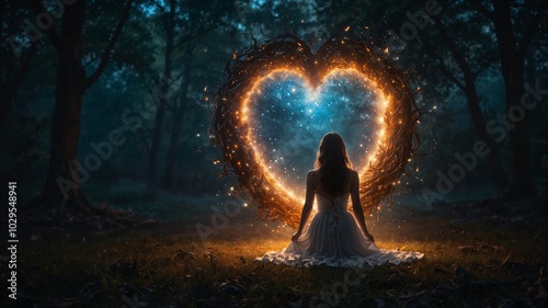Fantasy scene with a silhouette of woman and heart shape portal made of stars and fire on the cosmic sky, in the forest at night