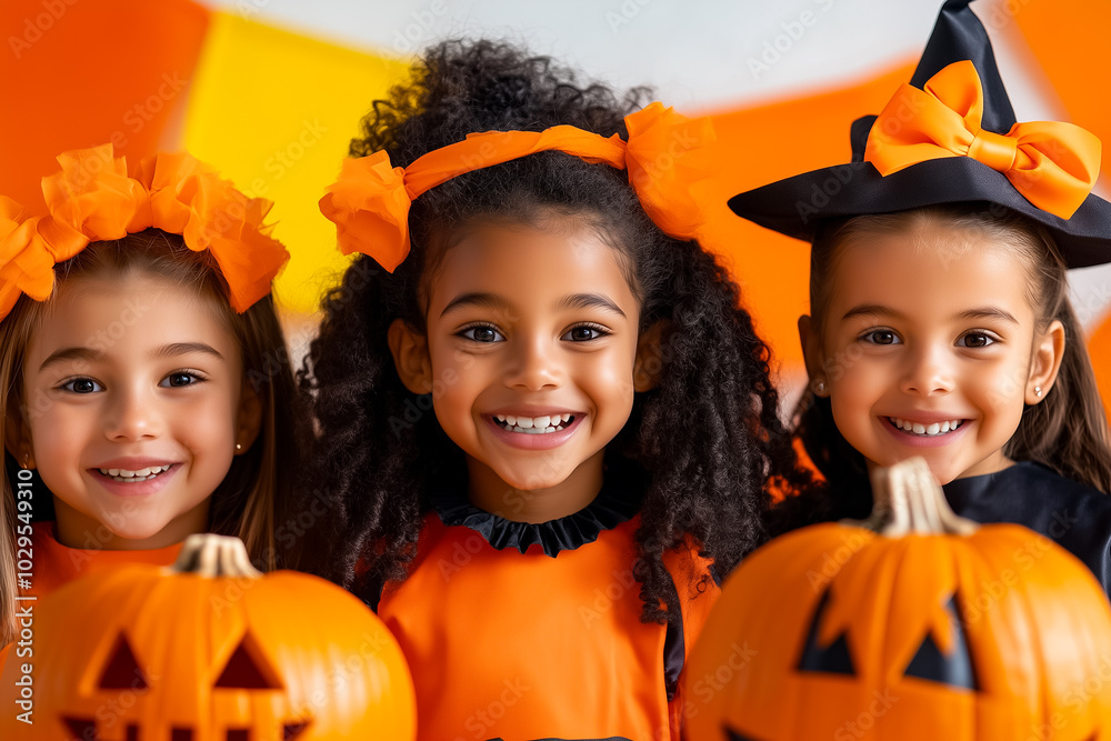 Three cheerful children dressed in Halloween outfits are smiling while posing with carved pumpkins in a vibrant, decorated environment filled with festive colors