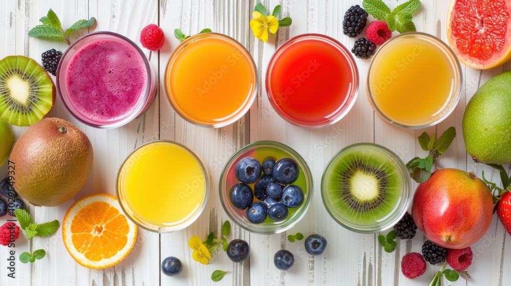 Vibrant Smoothies and Juices with Fresh Fruits Vibrant Smoothies and Juices with Fresh Fruits