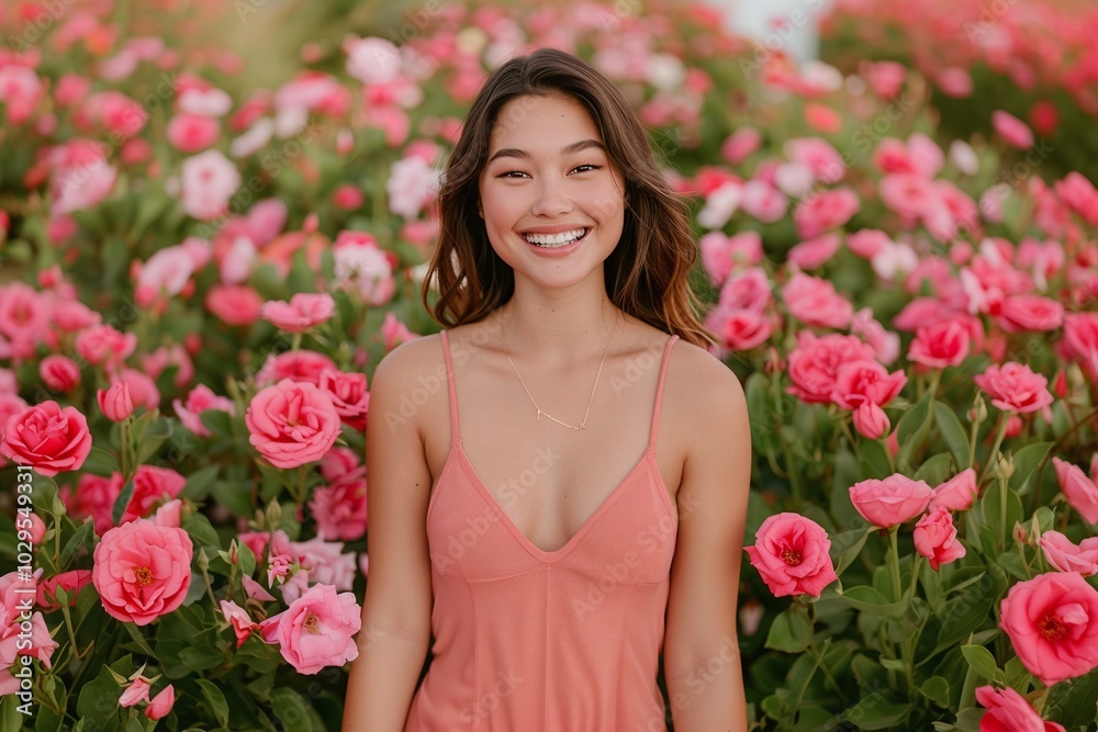 Woman in Pink Dress Smiling Amidst a Garden of Pink Flowers, Bright and Natural Aesthetic, Outdoor Portrait, Vibrant and Cheerful, Floral and Playful Vibes, Copy Space Available
Woman in Pink Dress Smiling Amidst a Garden of Pink Flowers, Bright and Natural Aesthetic, Outdoor Portrait, Vibrant and Cheerful, Floral and Playful Vibes, Copy Space Available