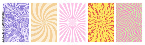 Retro posters template, groovy backgrounds, hippie, psychedelic with liquid, fire, waves, swirl, liquid, fluid effect. Twist and twirl patterns, vintage groovy posters 60s, 70s. Vector retro covers