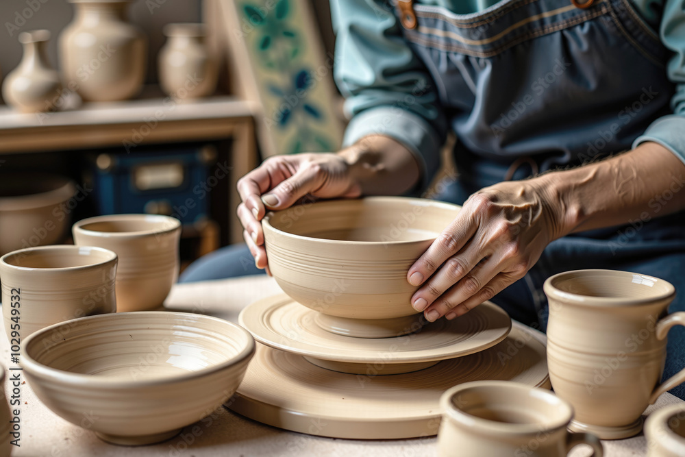 Potter shaping bowl in pottery workshop Potter shaping bowl in pottery workshop