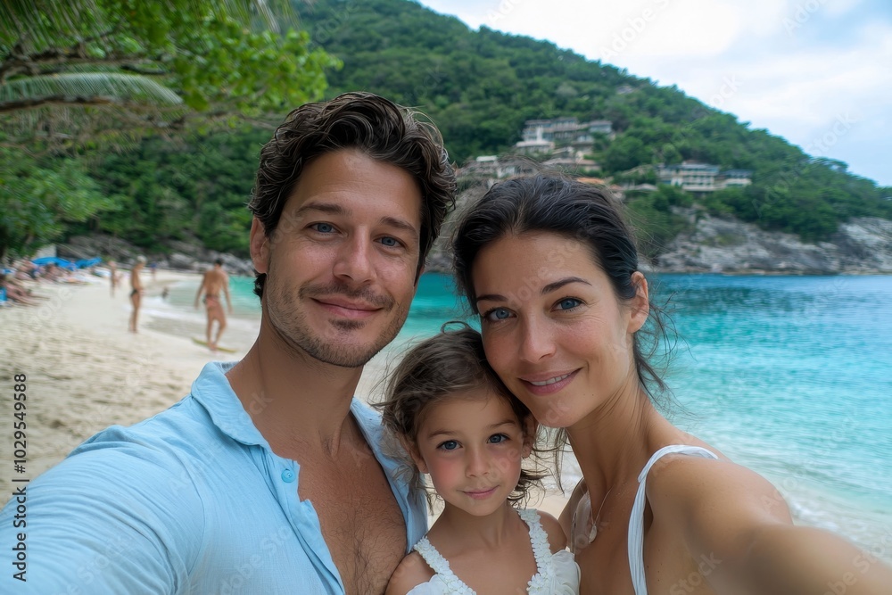 An outdoor selfie is taken by a family at the beach. An outdoor selfie is taken by a family at the beach.