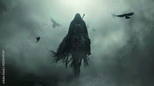 A dark horseman with long hair and dressed in black rides through the fog,...