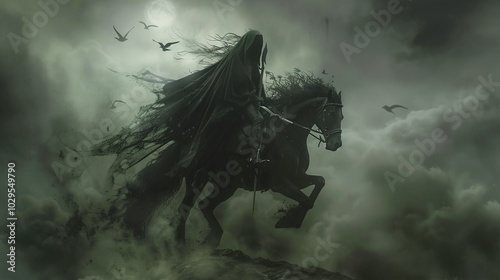 A dark horseman with long hair and dressed in black rides through the fog,...