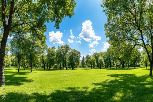 The blue sky and grass of a beautiful park under the green trees