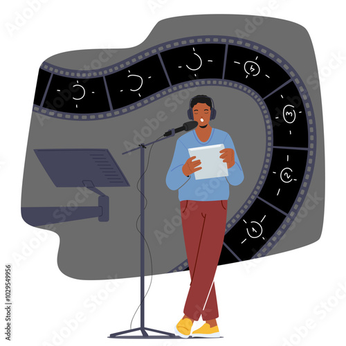 Cartoon Man Stands In Front Of A Microphone Holding Script, Narrating. Vector Backdrop Includes A Circular Design