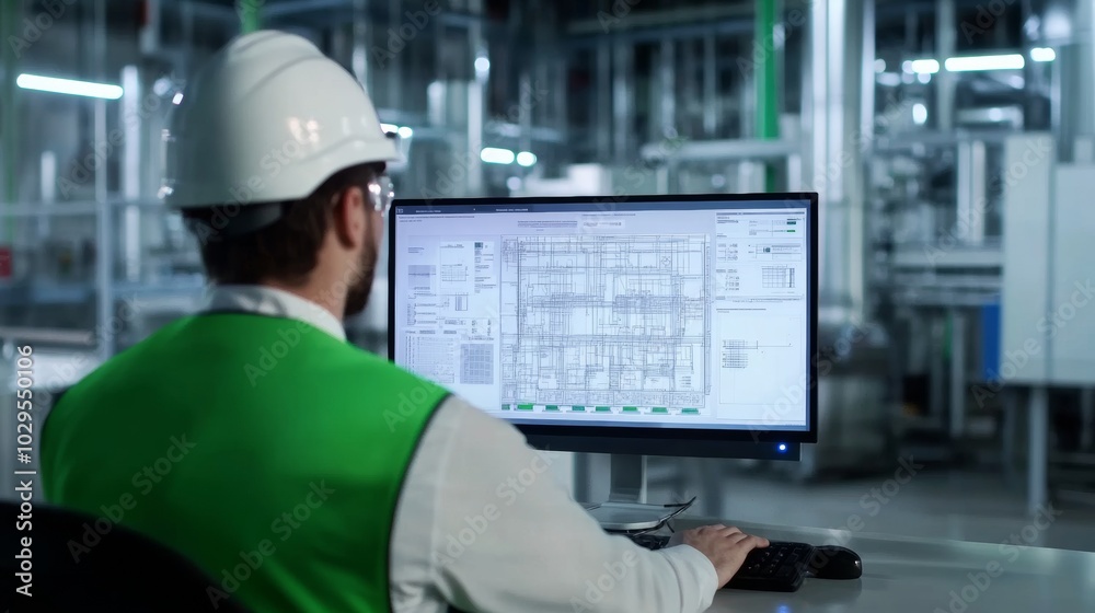 Engineering project overview: An engineer manages intricate technical schematics displayed on a digital interface in a modern industrial facility Engineering project overview: An engineer manages intricate technical schematics displayed on a digital interface in a modern industrial facility