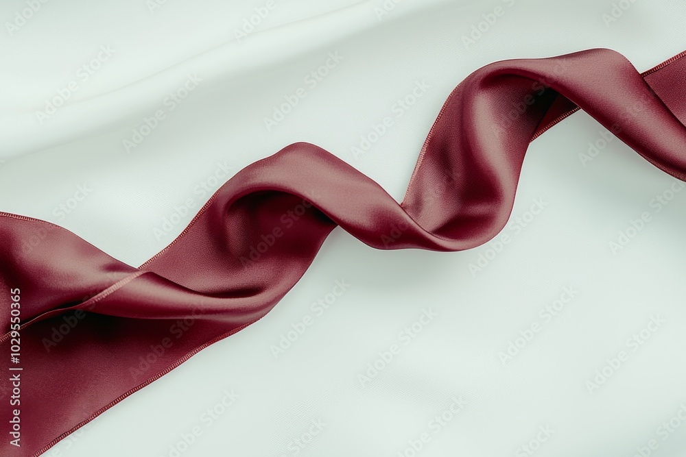 This is a red velvet curled ribbon on a light gray background. There is a space for text, and the layout has a minimalist theme.