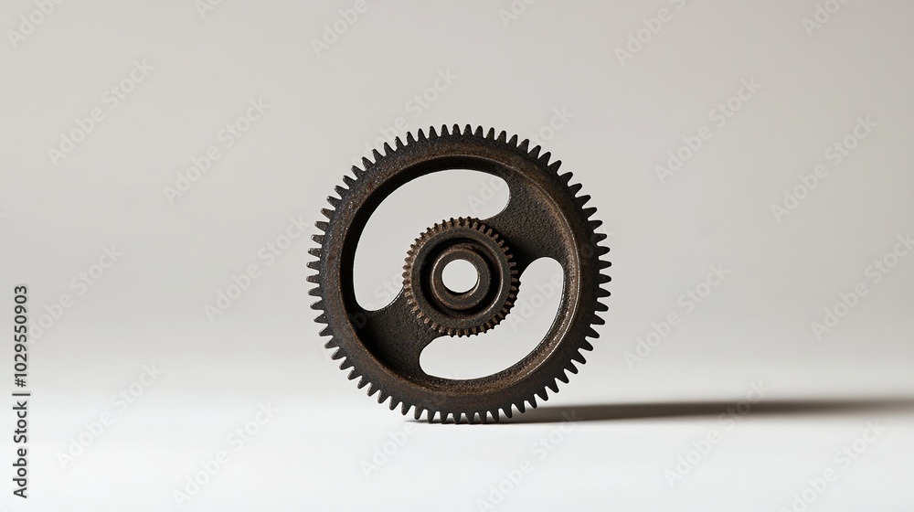 A single gear, made of metal, stands out against a clear background. A single gear, made of metal, stands out against a clear background.