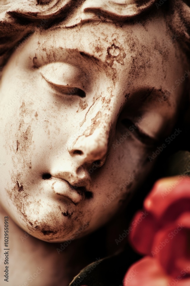 Obraz premium Close-Up of an Antique Statue with Delicate Features and a Red Rose, Ideal for Artistic and Cultural Presentations
