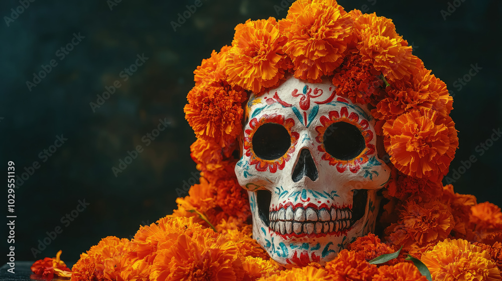 traditional mexican painted skull with marigolds instead of eyes on black background, day of the dead, halloween, october 31, national holiday, dead man, skeleton, día de los muertos, november 1 traditional mexican painted skull with marigolds instead of eyes on black background, day of the dead, halloween, october 31, national holiday, dead man, skeleton, día de los muertos, november 1