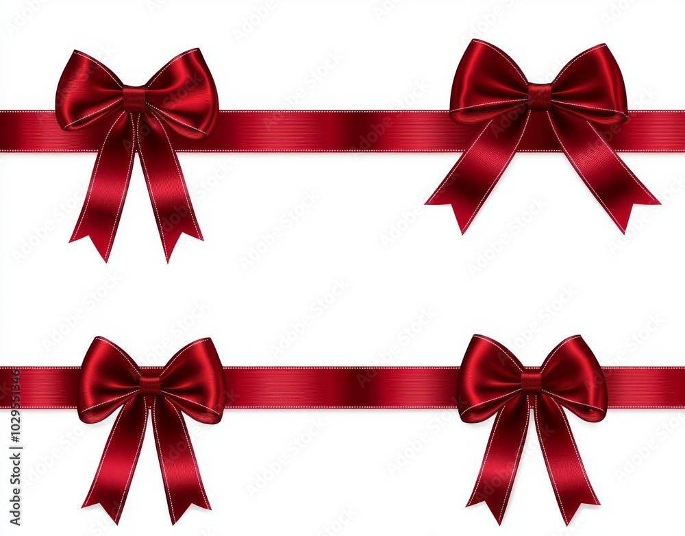 Decorative red bow with horizontal ribbon isolated on white. Page decor with modern bows Decorative red bow with horizontal ribbon isolated on white. Page decor with modern bows