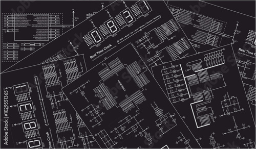 Vector electrical schematic diagram background.
Radio engineering drawings on paper sheets.
Scheme of digital electronic device. Set
of technic computer cad designs.