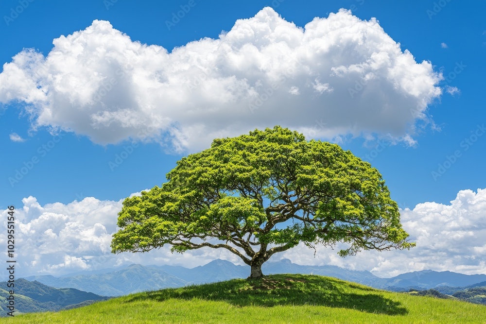Under a blue sky in spring, a solitary oak tree stands in the midst of a green field Under a blue sky in spring, a solitary oak tree stands in the midst of a green field