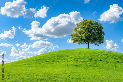 It is Spring and there is a solitary oak tree in a green field under a blue sky