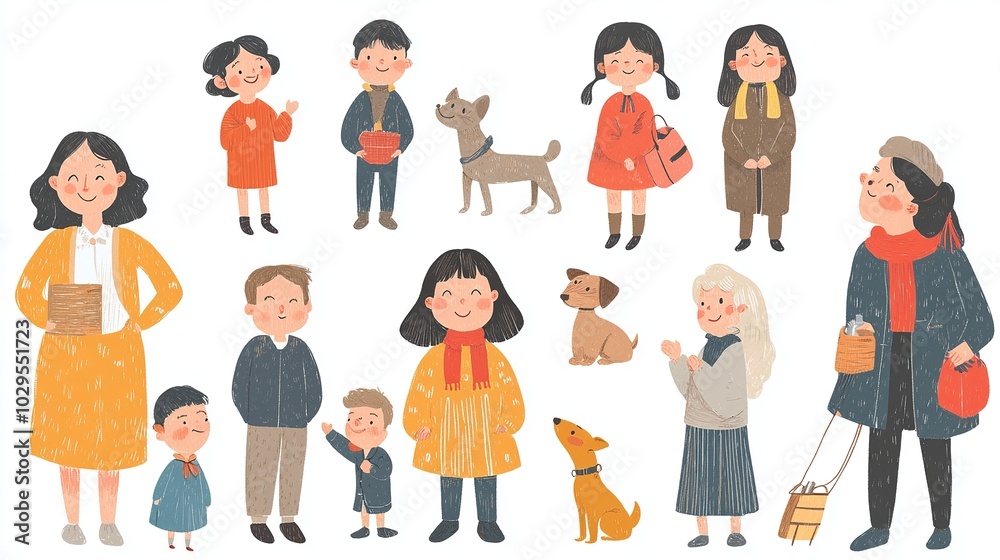 Fototapeta premium This illustration features colorful characters in a simple style. It includes a young family, happy older people, schoolchildren, a boy and girl, and a woman with her dog.