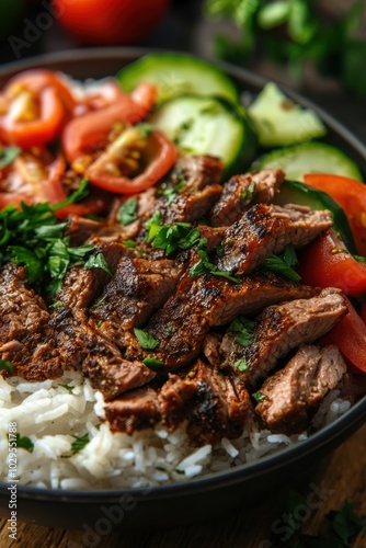 Vibrant Bowl of Grilled Meat with Fresh Vegetables and Rice: Perfect for Culinary Promotion